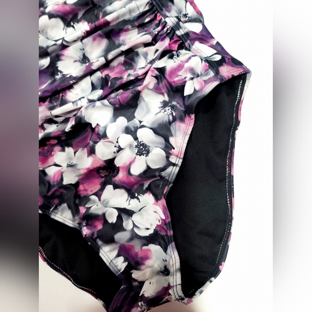 NWT Aqua Eve Women's Ruched Tummy Control Purple Floral Halter Slimming Swimsuit - Picture 10 of 13